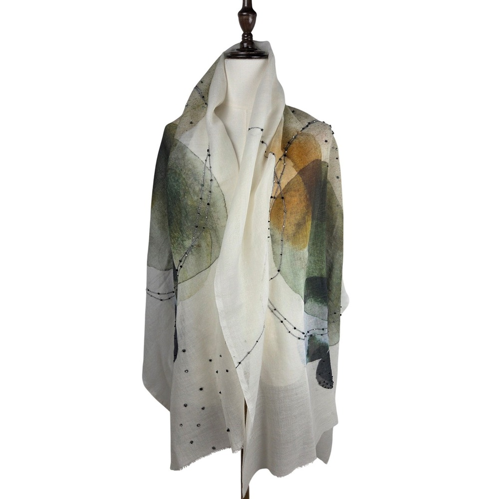 Dupatta Designs Hendricks Embroidered Scarf OS Cream Abstract Wool Art Shawl EUC